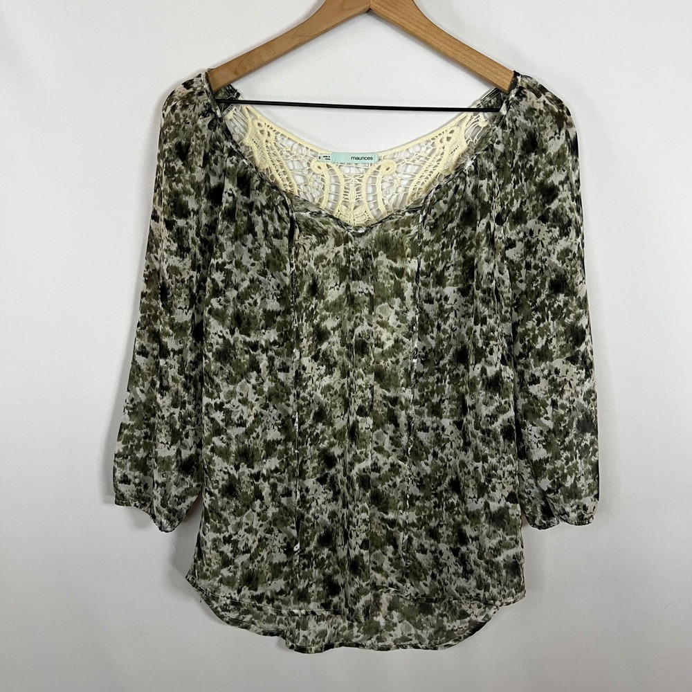 Maurices Shirt Women Small Green Watercolor Abstract Print‎ Crochet Back Blouse